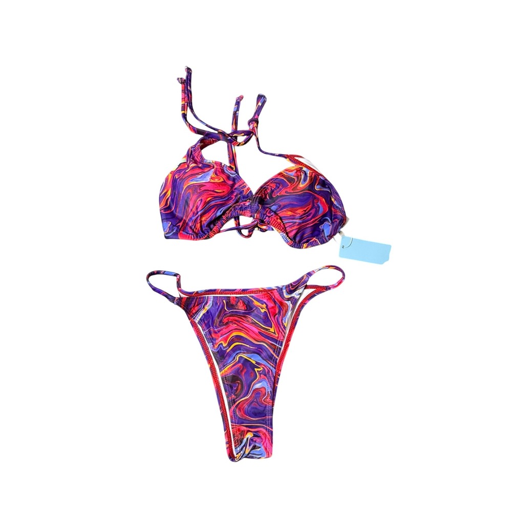3 Piece Swimsuit Cover Up Set Halter Top Bikini Bottoms Purple L